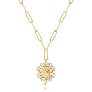 Lucky Clover Pendant Necklace in 18K Gold with Adjustable Length & Zirconia